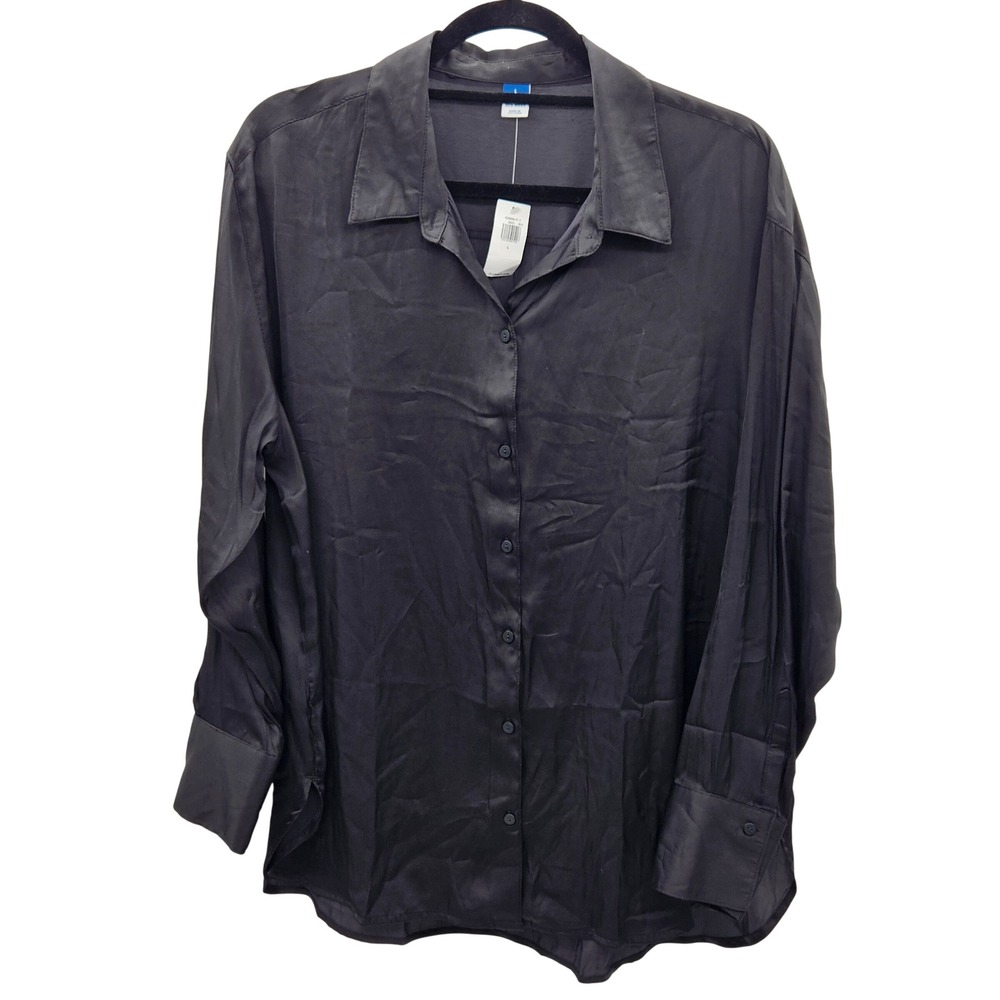 Old Navy Womens Black Satin Button Down Shirt Long Sleeve Relaxed Fit Large NEW